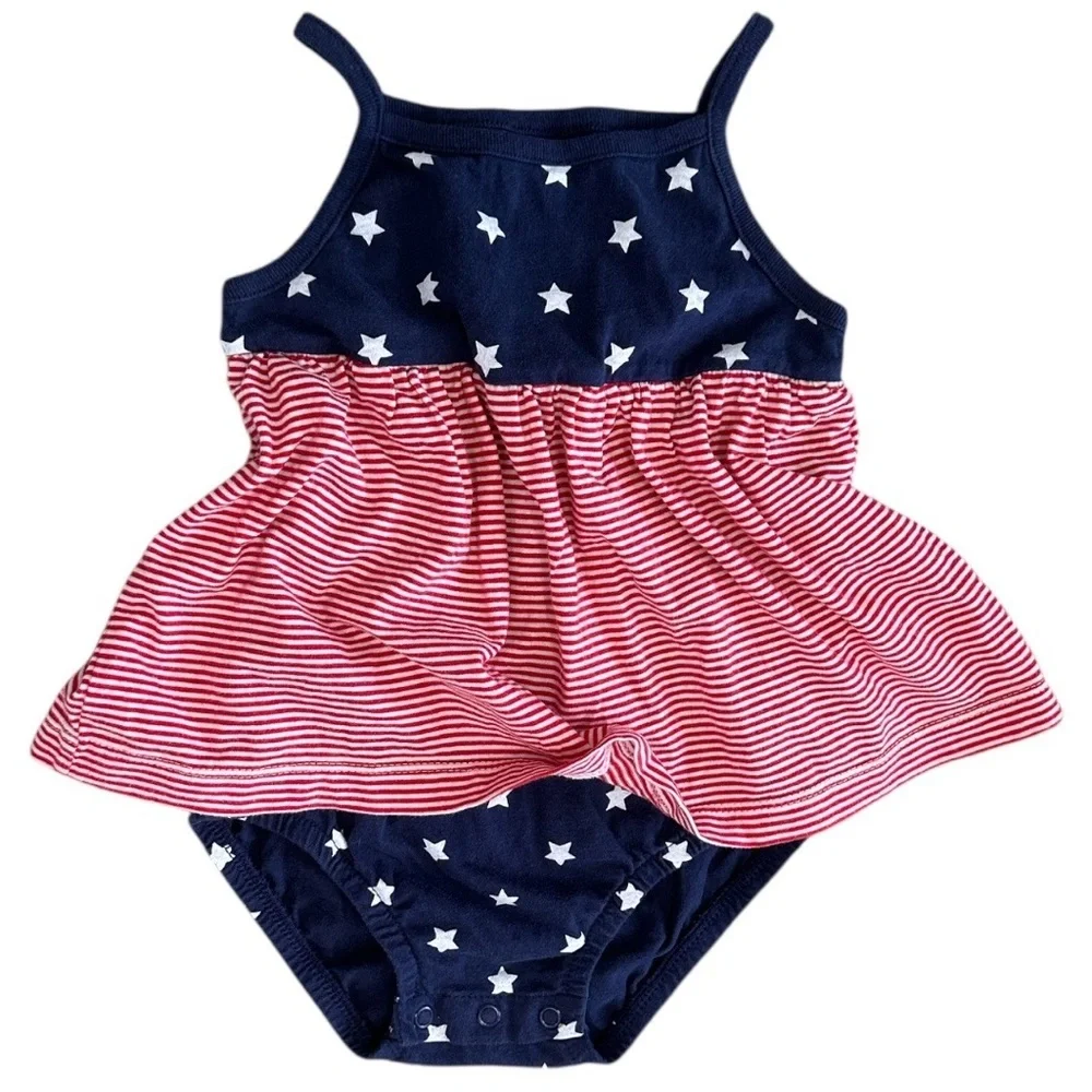 New Carter's Baby Toddler Girls American Flag Cotton Romper Dress Patriotic